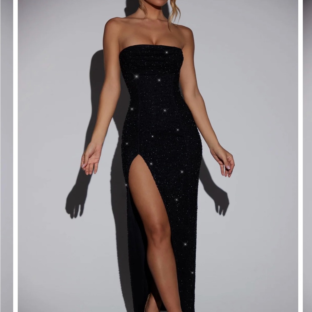 Oh Polly Strapless Black Sparkle High-Slit Gown